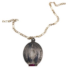 Virgin Mary Necklace Diamond Ruby Gold Plated Figaro Chain