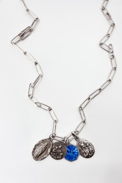 Virgin Mary Necklace Multi Medal Paperclip Chain Silver Plated Blue Enamel