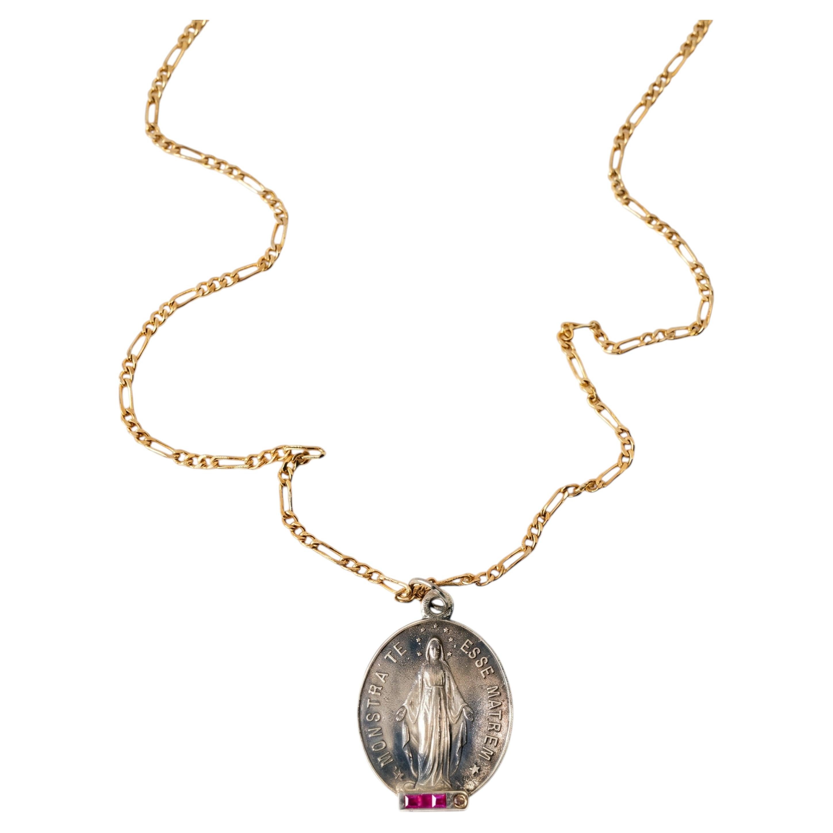 Virgin Mary Necklace Silver Miraculous Medal Ruby Diamond Pendant Figaro Chain For Sale