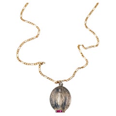 Virgin Mary Necklace Silver Miraculous Medal Ruby Diamond Pendant Figaro Chain