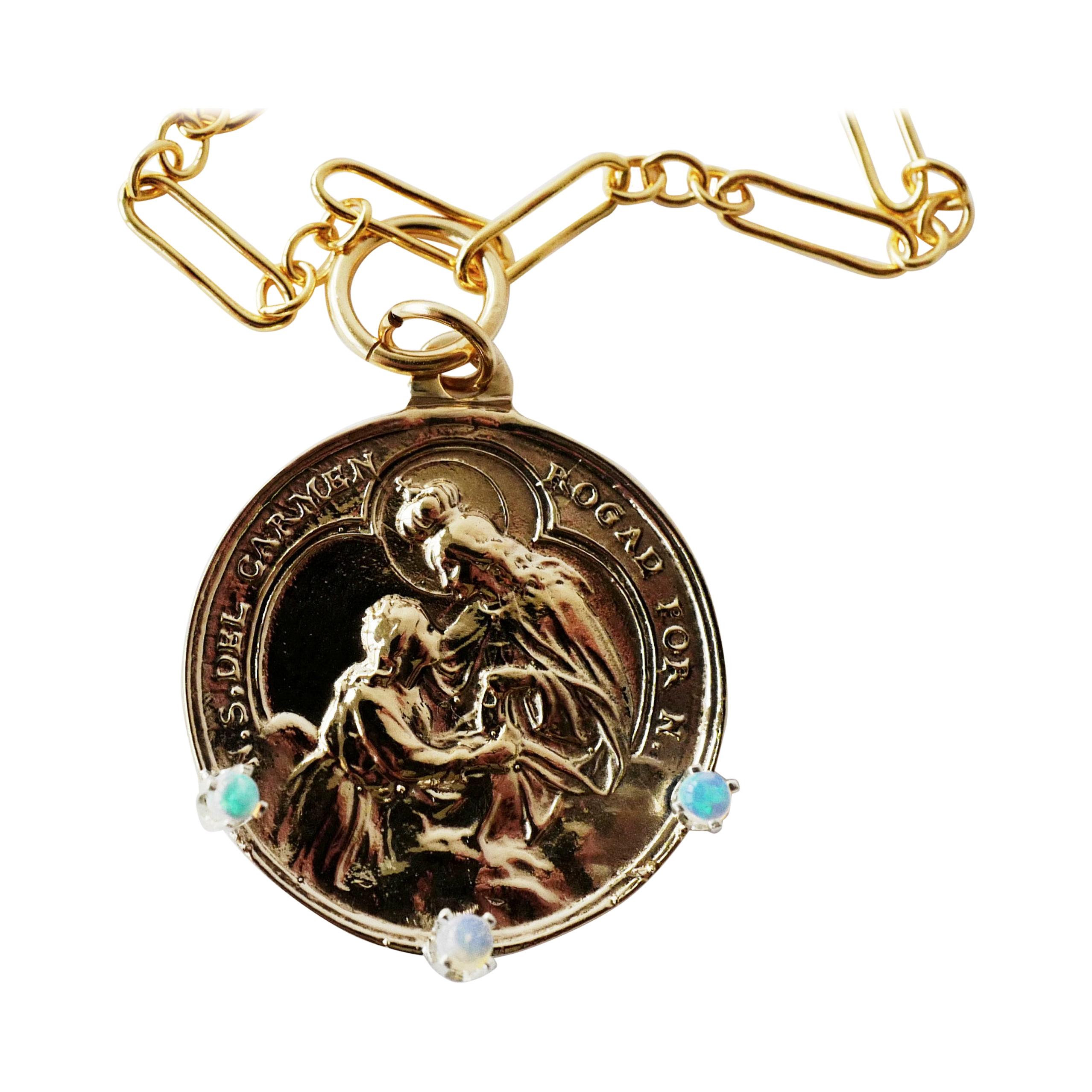Bronze Medal Necklace on a Gold Filled Chunky Chain Virgin Mary with 3 Opals set around the pendant Coin Pendant J Dauphin

Exclusive piece with Virgin Mary pendant with 3 Opals. The Chain is 28' long but can be made shorter or longer on