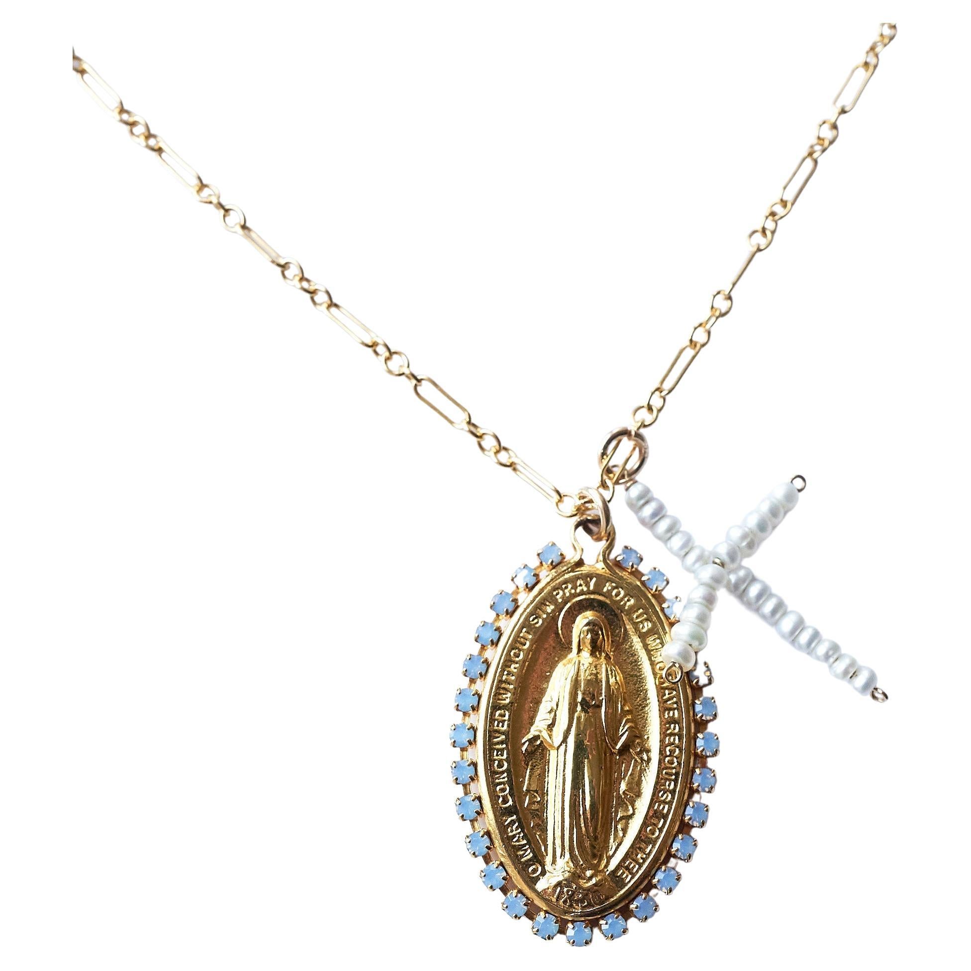 Virgin Mary Oval Medal White Pearl Cross Chain Necklace Light Blue Rhinestone 28