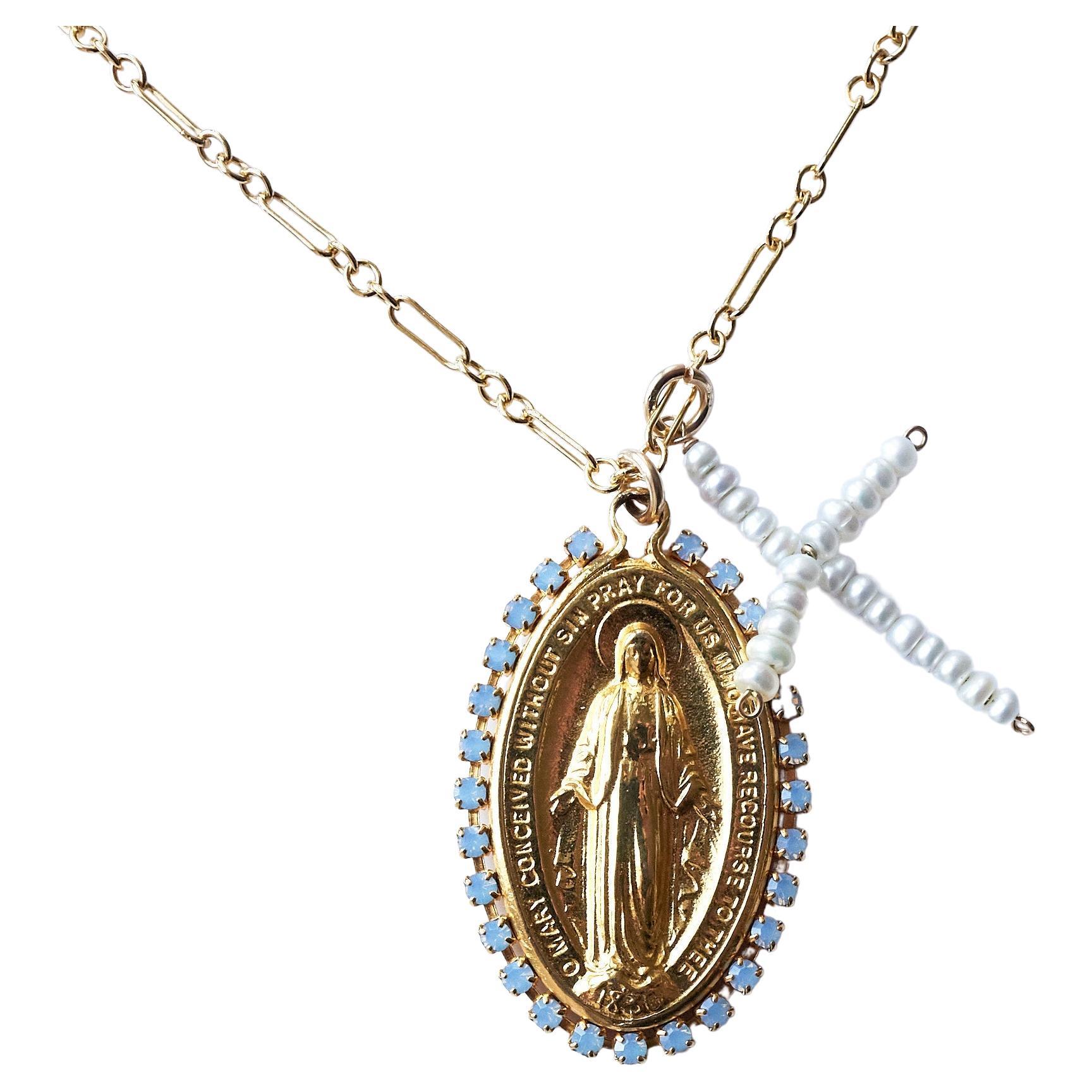 Virgin Mary Oval Medal White Pearl Cross Chain Necklace Light Blue Rhinestone For Sale