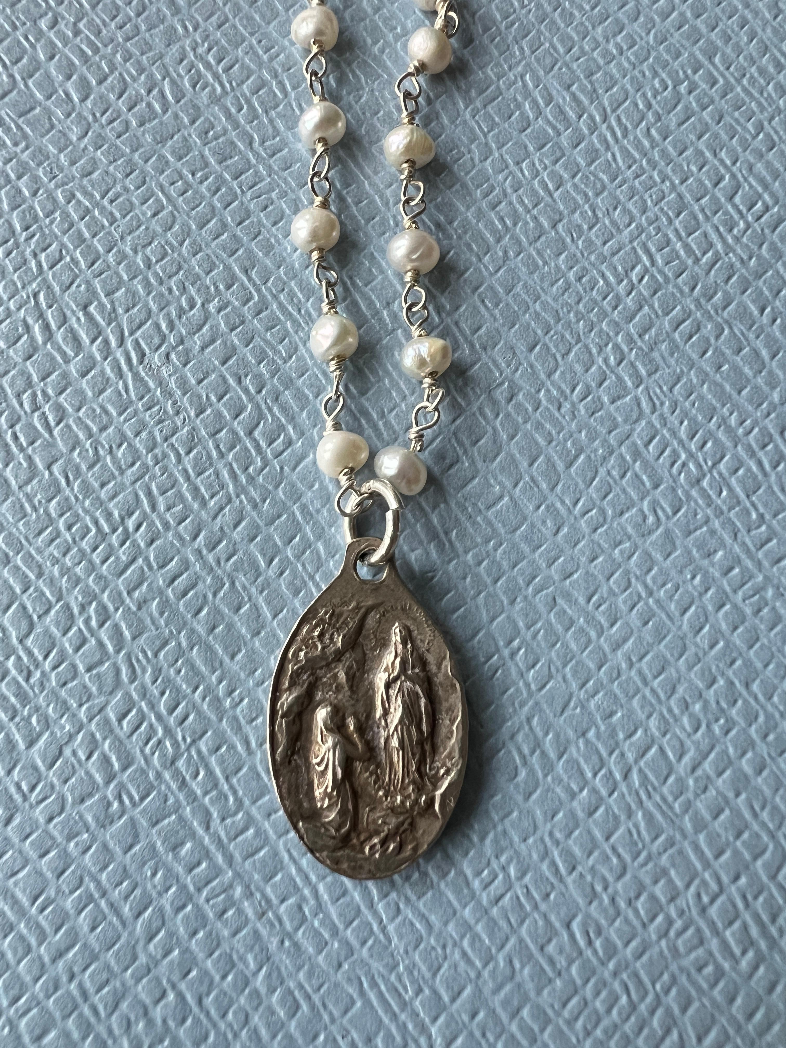 Medal Pearl Rosario Silver Necklace Virgin Mary 4