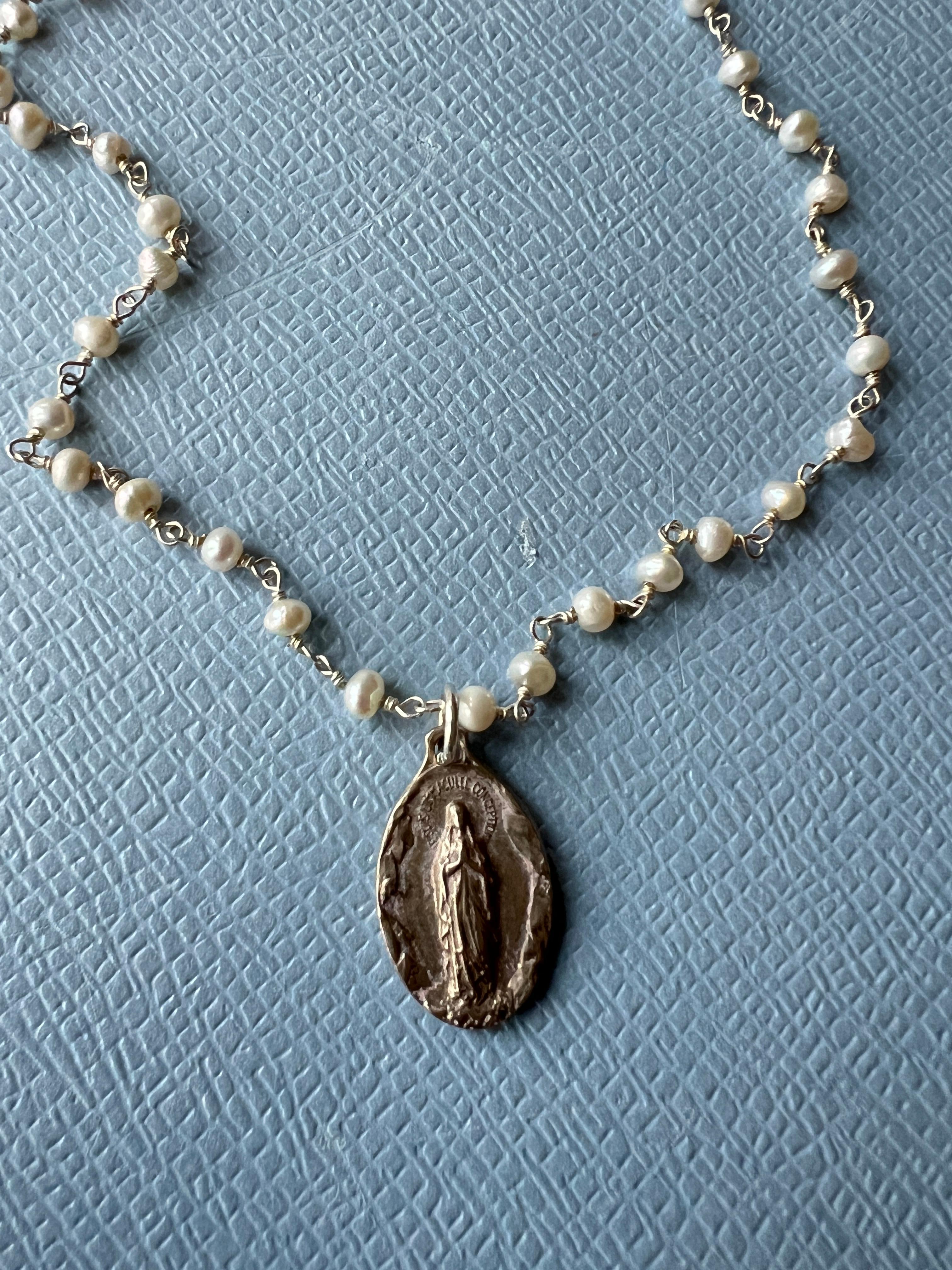 Contemporary Medal Pearl Rosario Silver Necklace Virgin Mary
