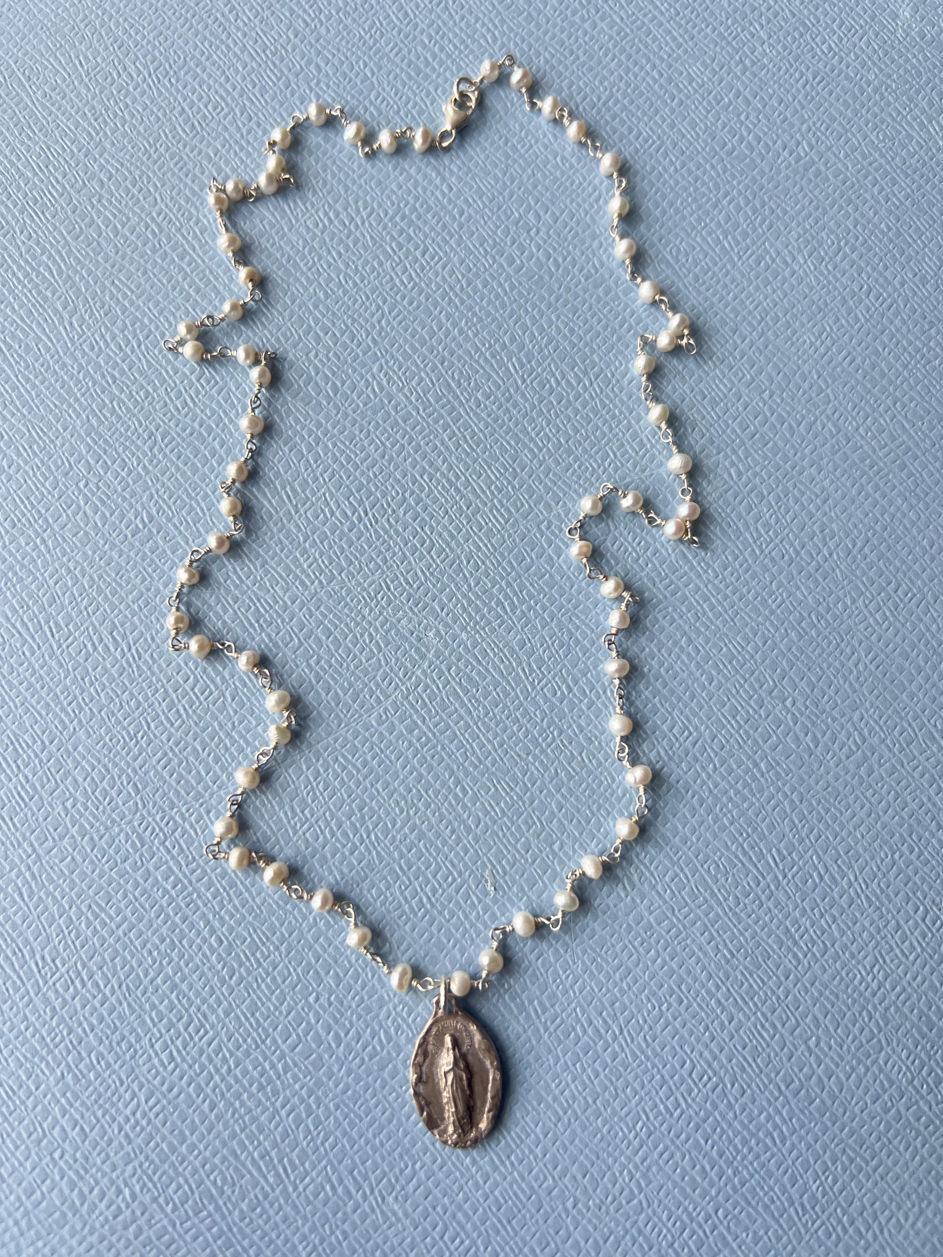 Round Cut Medal Pearl Rosario Silver Necklace Virgin Mary