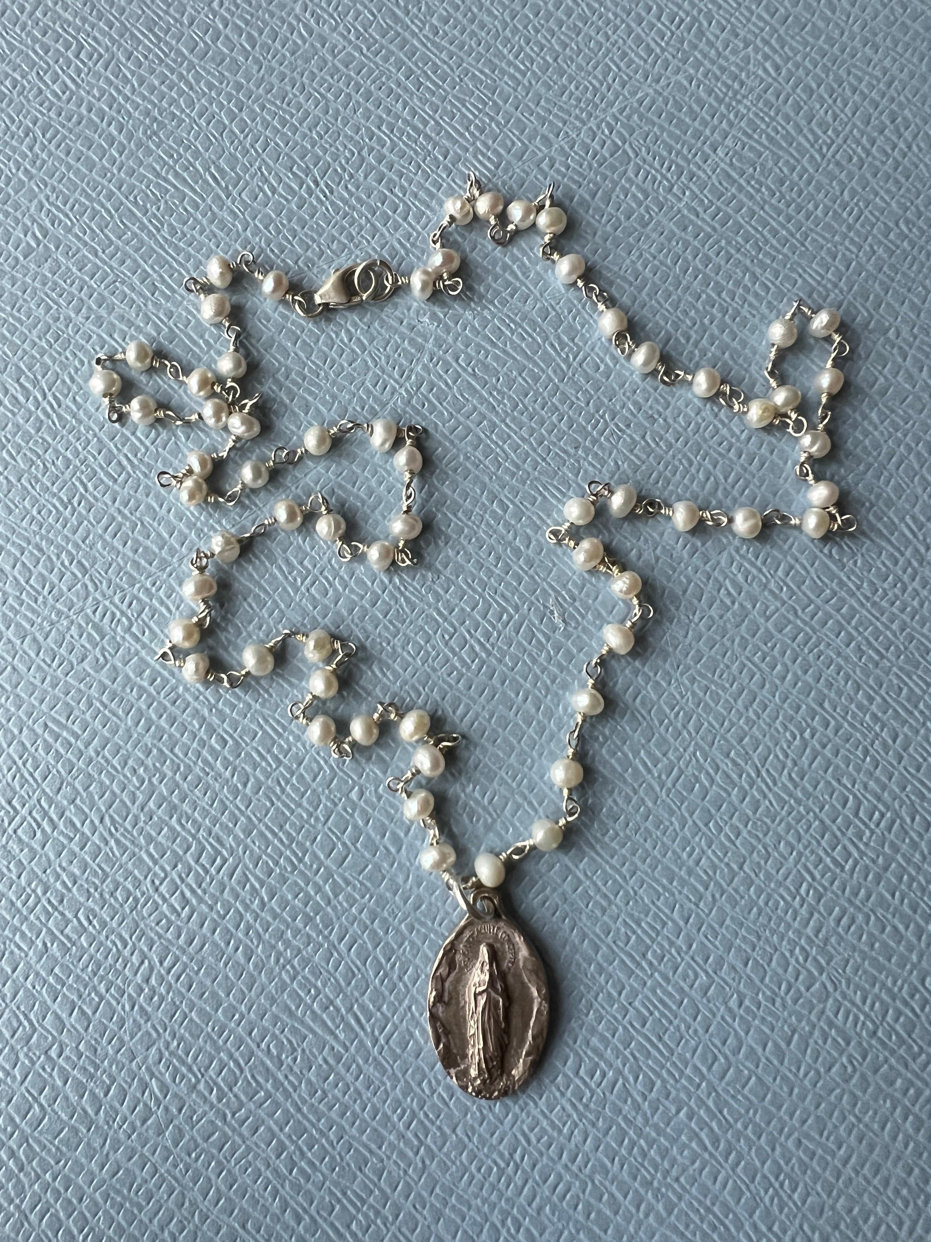 Medal Pearl Rosario Silver Necklace Virgin Mary 1