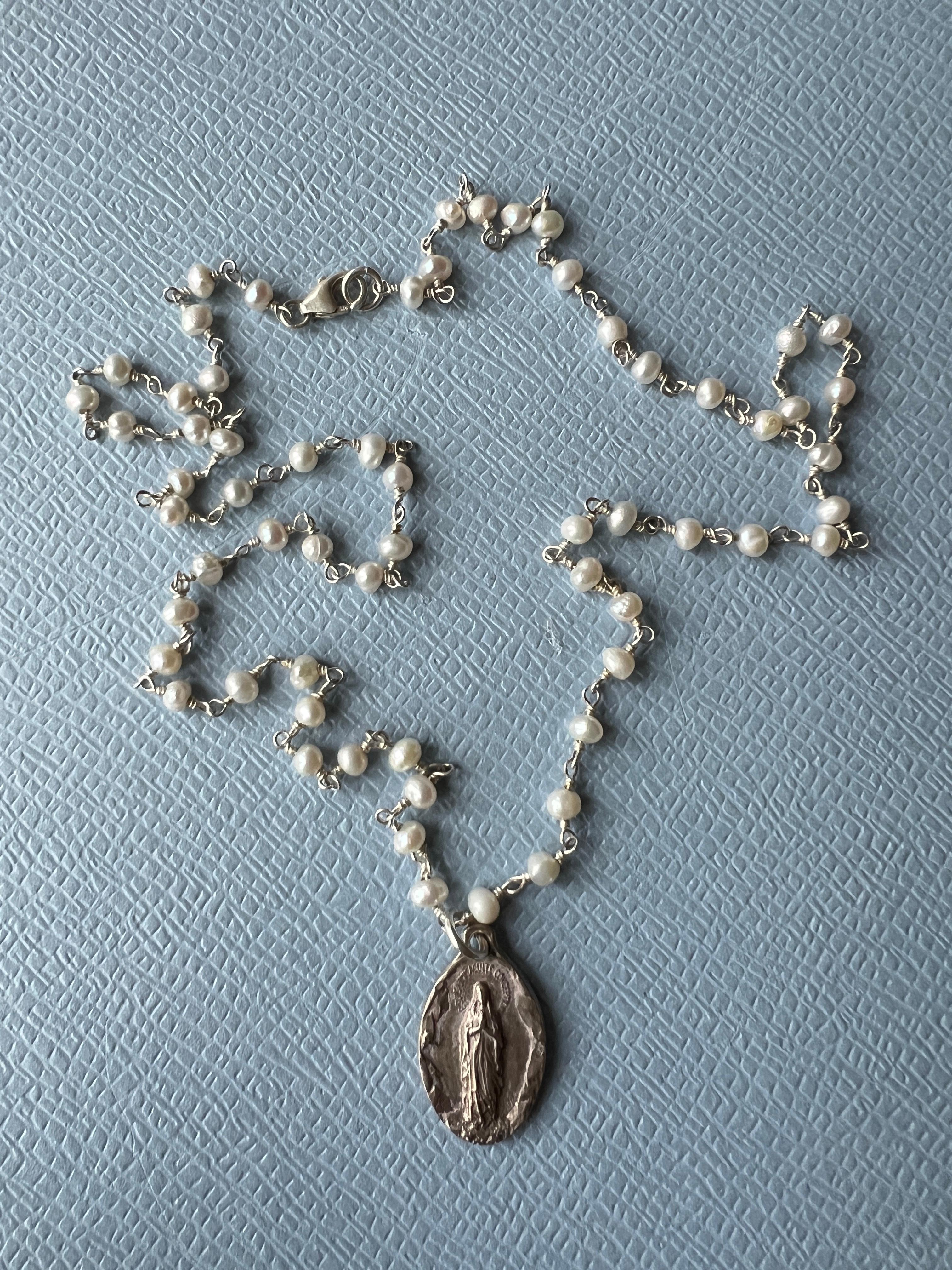 Medal Pearl Rosario Silver Necklace Virgin Mary 2