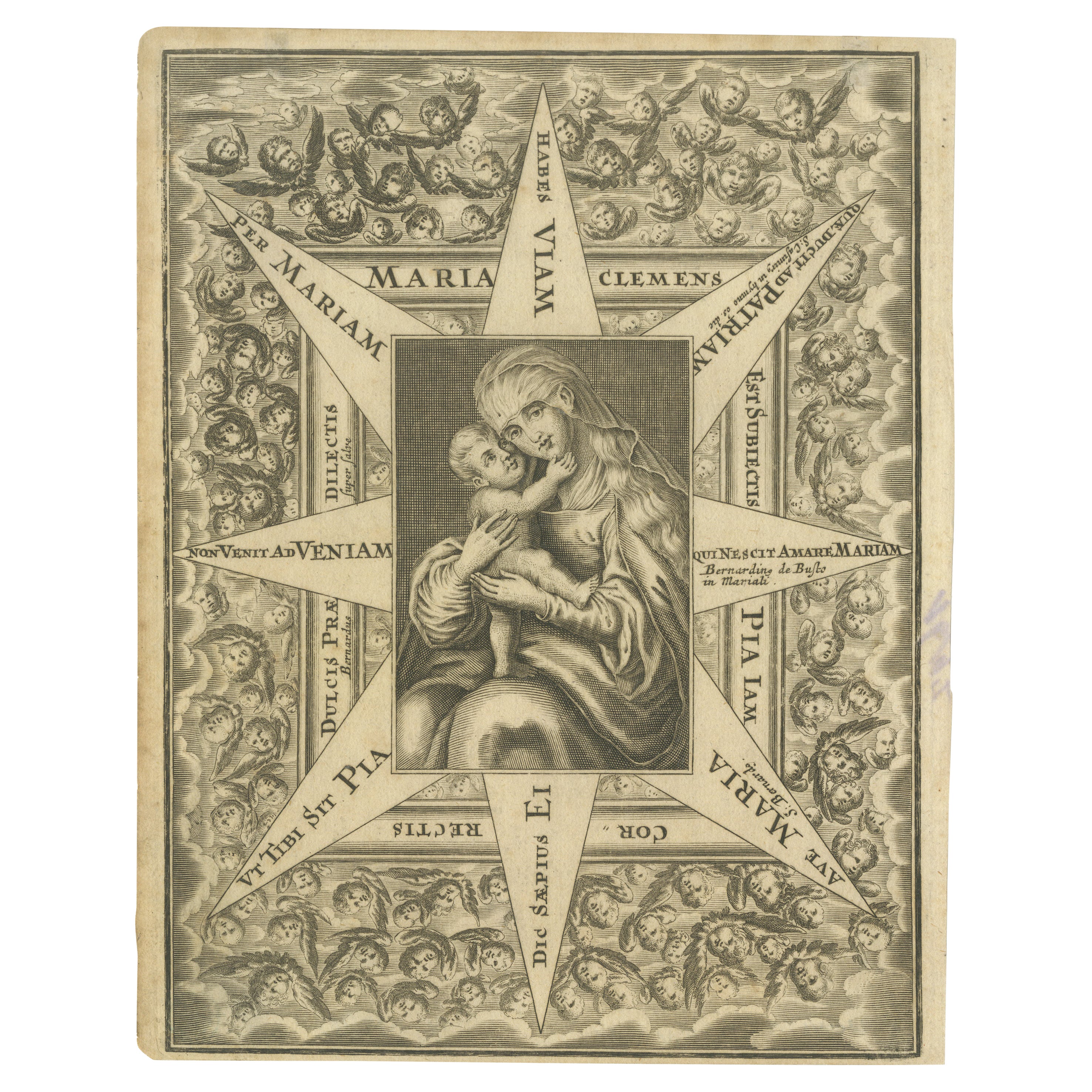 Virgin Mary with Child, Baroque Devotional Engraving, Penzinger, c.1700 For Sale