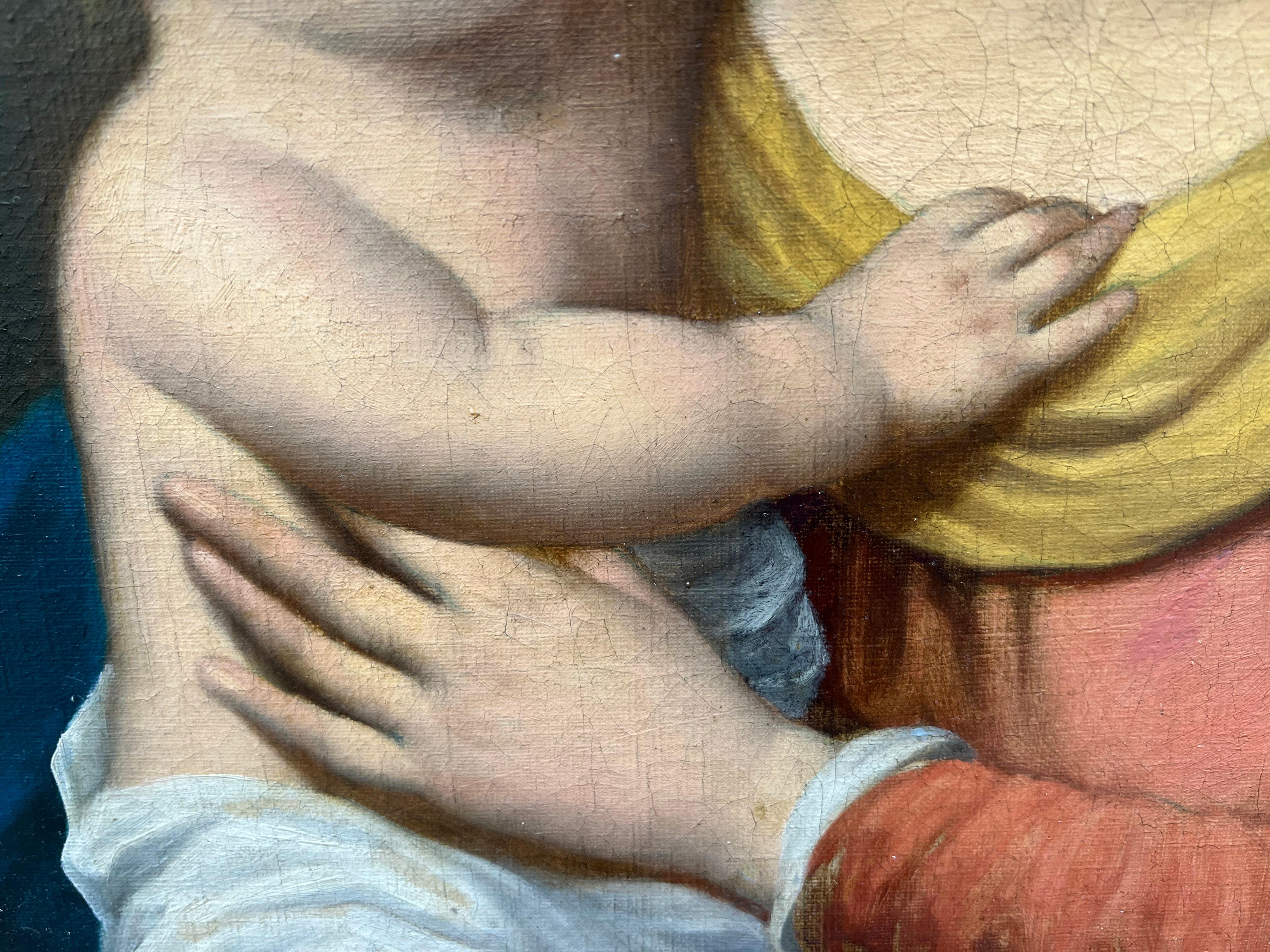 Delicate portrayal of a classic theme of Christian fervour. The painting represents the most depicted motherhood in the history of art. The Madonna with the baby Jesus on her lap. The painting on wood by an anonymous Tuscan painter is appreciated