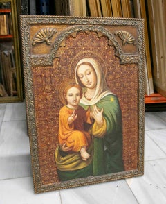 Virgin Mary with Child Oil Painting on Wood, Late 20th Century, Framed