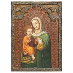 Virgin Mary with Child Oil Painting on Wood, Late 20th Century, Framed