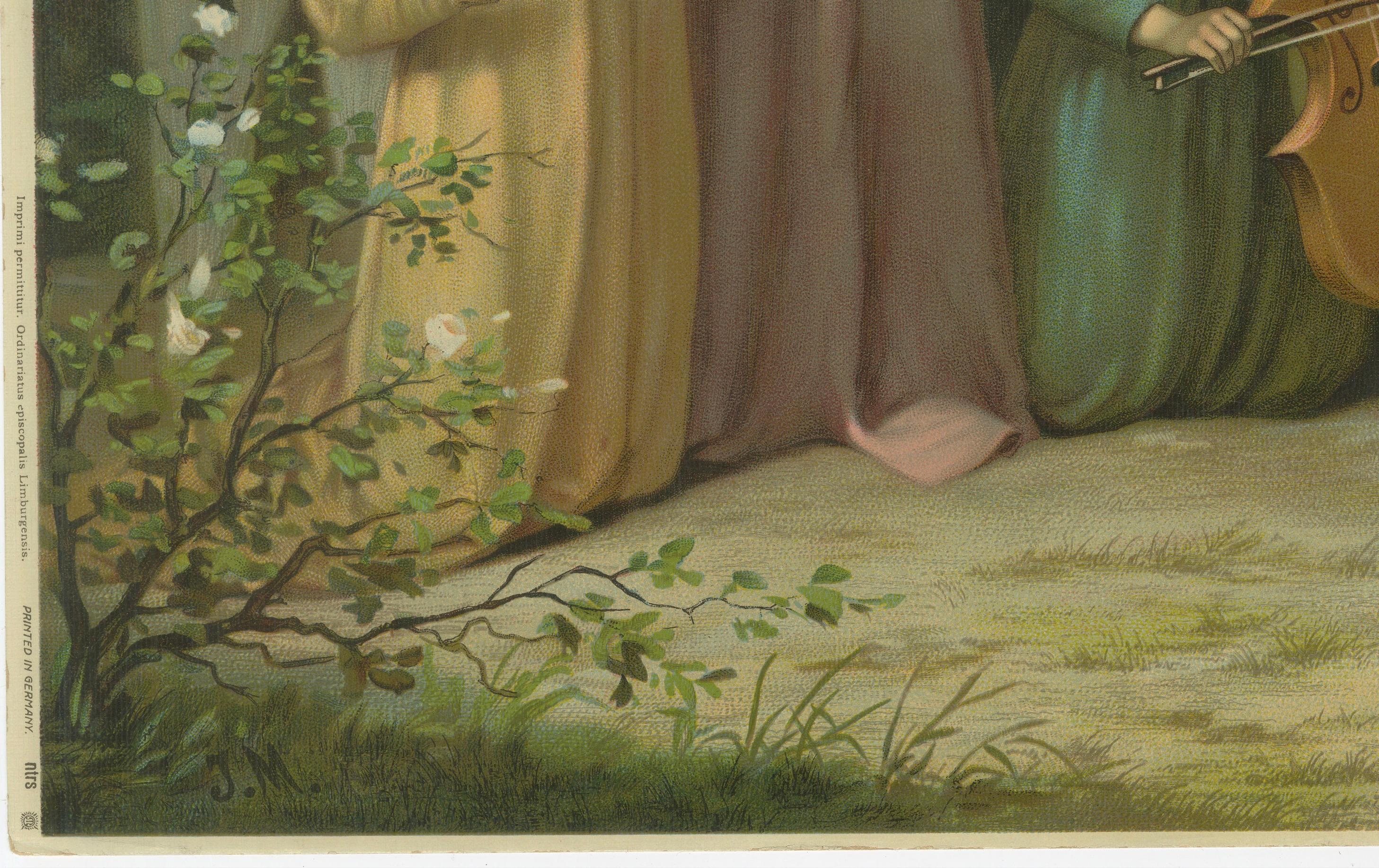 Jungfrau Maria mit Christuskind und Engelsmusikanten - Deutsche Chromolithographie, 1900


Diese exquisite antike deutsche Chromolithographie zeigt eine zarte und sehr lyrische Andachtsszene der Jungfrau Maria mit dem Christuskind, die von drei