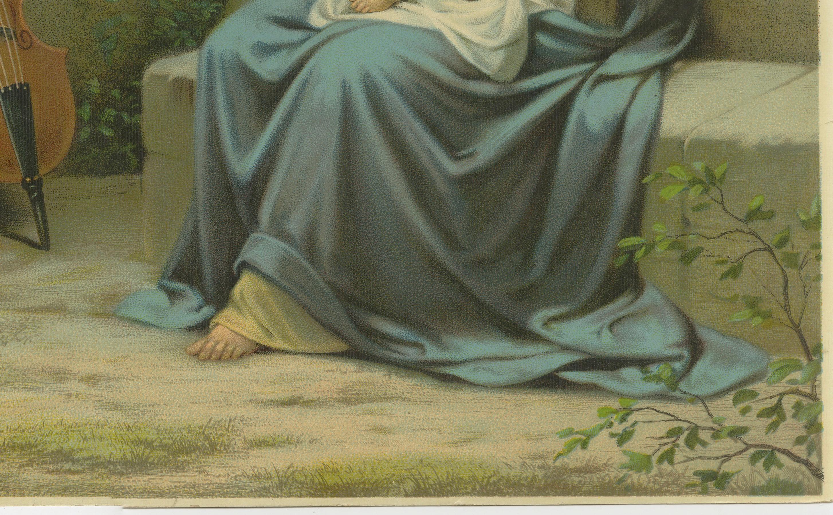 Jungfrau Maria mit Christuskind & Engelsmusikanten - Deutsche Chromolithographie, 1900 im Zustand „Gut“ im Angebot in Langweer, NL