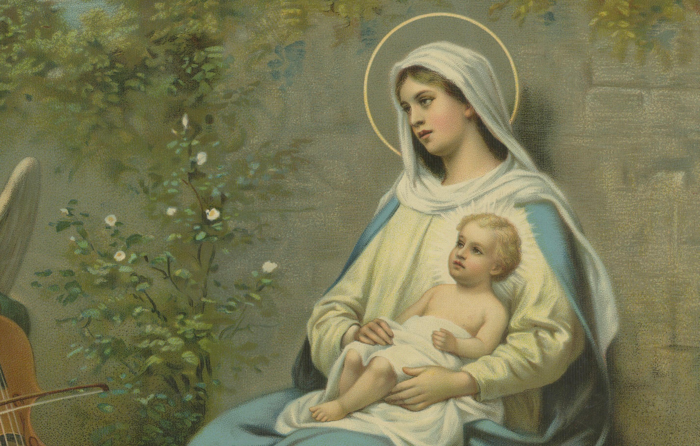 Jungfrau Maria mit Christuskind & Engelsmusikanten - Deutsche Chromolithographie, 1900 (20. Jahrhundert) im Angebot