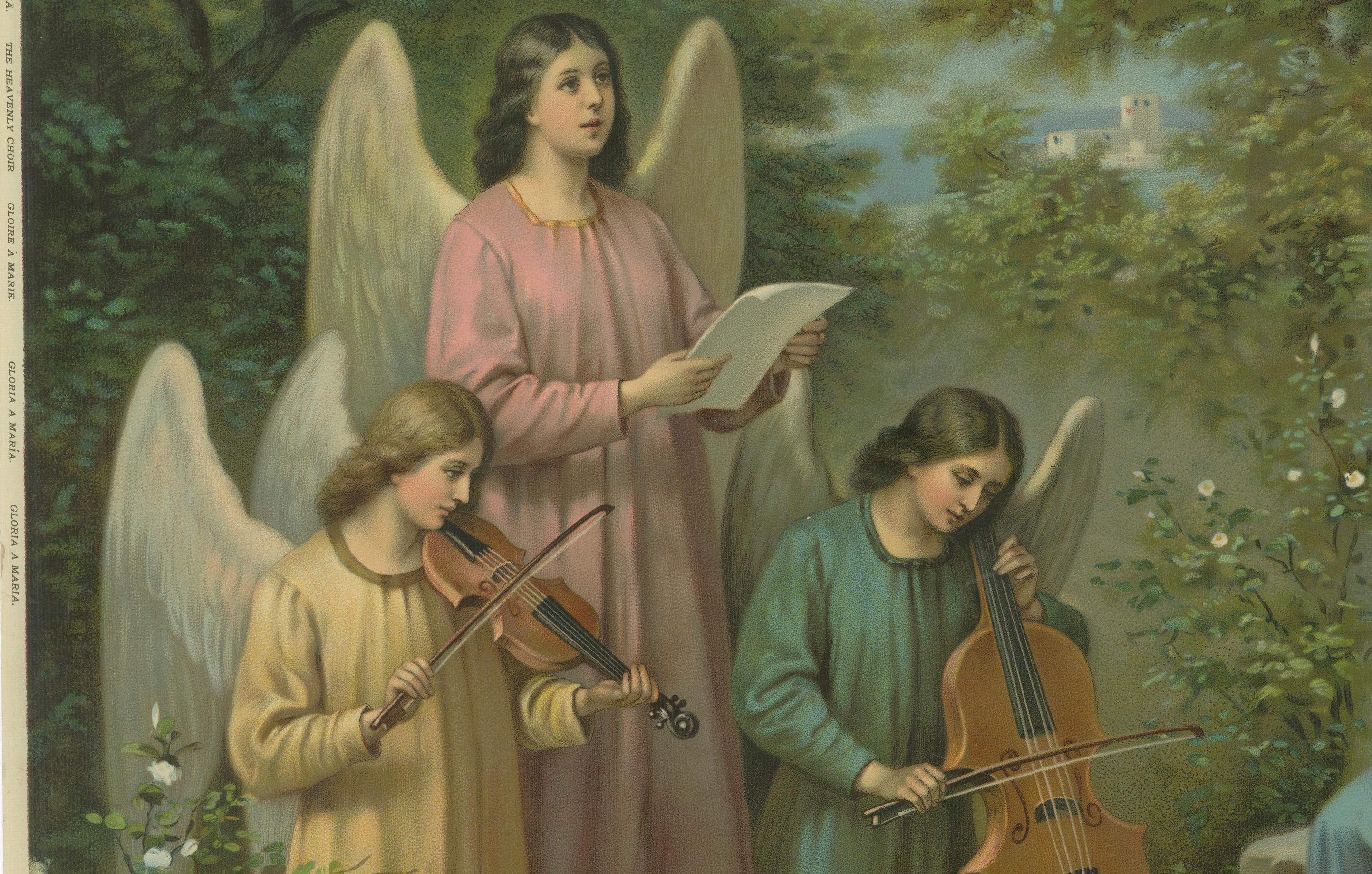 Jungfrau Maria mit Christuskind & Engelsmusikanten - Deutsche Chromolithographie, 1900 (Papier) im Angebot