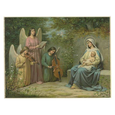 Virgin Mary with Christ Child & Angel Musicians – German Chromolithograph, 1900