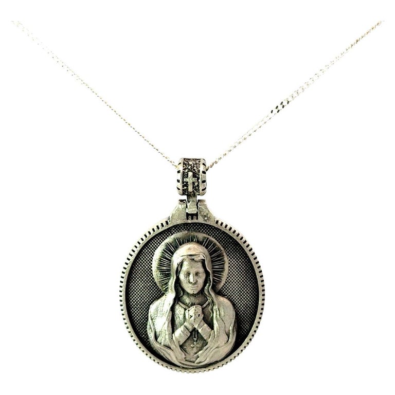 Pendentif Vierge Marie Avec L'Enfant Jésus En Argent 925 - Petit Médaillon 12 Mm, Avec Cordon Noir