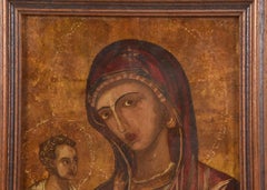 Virgin Mother Mary Icon, Reverse Painting on Glass, Gold Leaf, Oil Paints