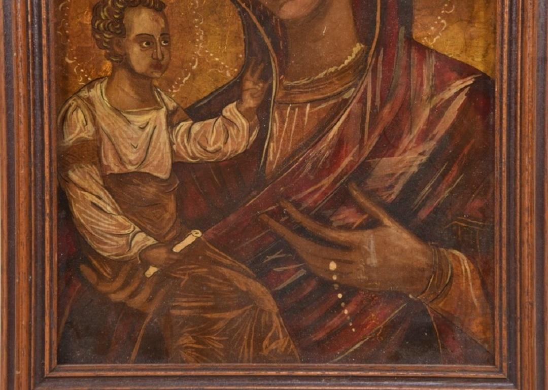 Bulgarian Virgin Mother Mary Icon, Reverse Painting on Glass, Gold Leaf, Oil Paints