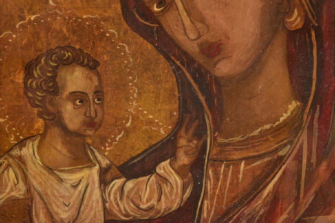 Painted Virgin Mother Mary Icon, Reverse Painting on Glass, Gold Leaf, Oil Paints