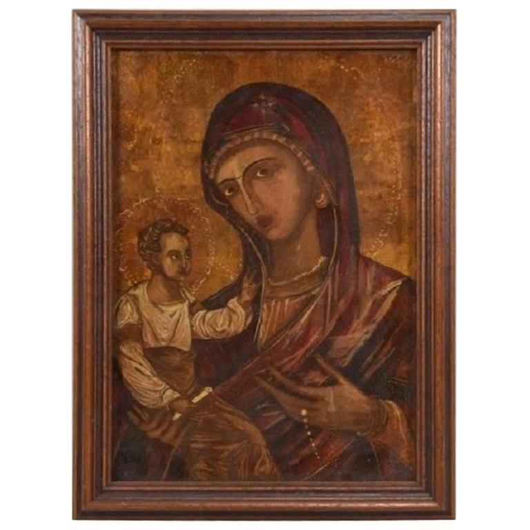 Virgin Mother Mary Icon, Reverse Painting on Glass, Gold Leaf, Oil Paints