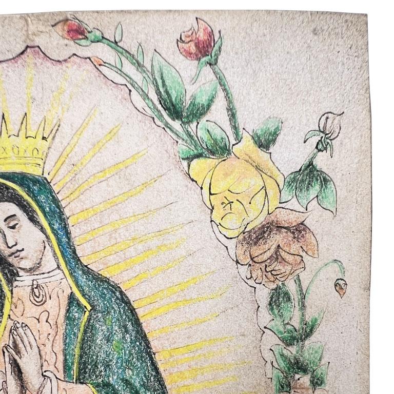 Drawing colonial espagnol coloré à la main Virgin of Guadalupe, signé Mexique en vente 3