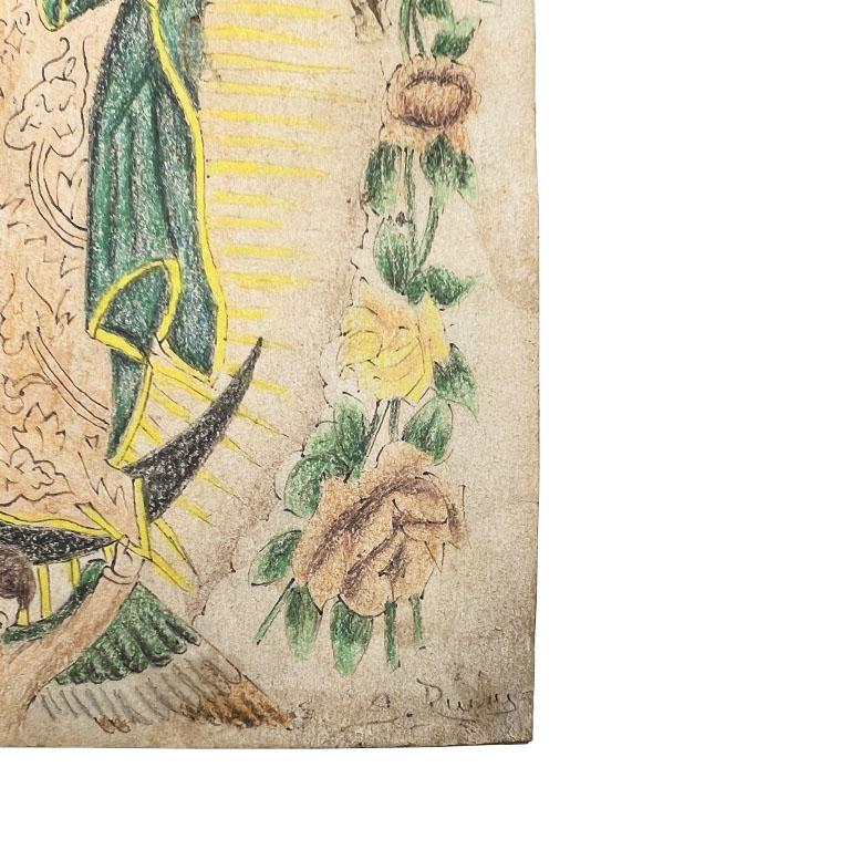 Colonial espagnol Drawing colonial espagnol coloré à la main Virgin of Guadalupe, signé Mexique en vente