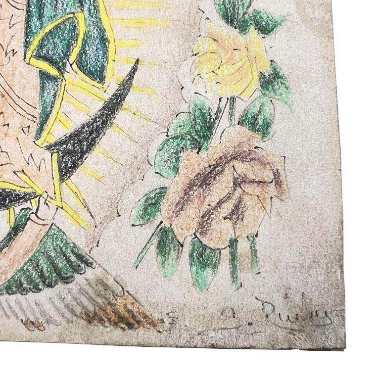 Mexicain Drawing colonial espagnol coloré à la main Virgin of Guadalupe, signé Mexique en vente