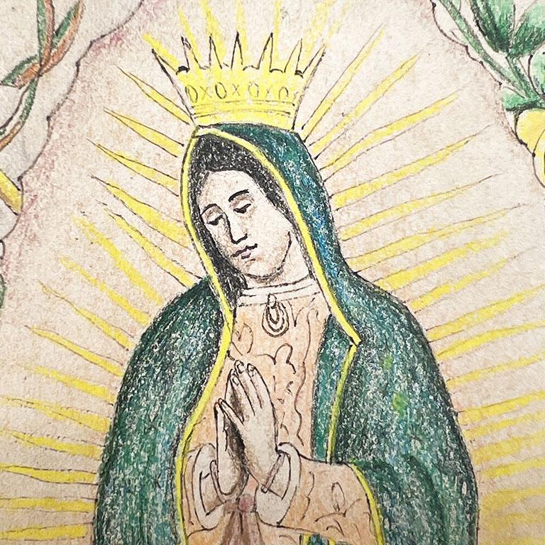 Drawing colonial espagnol coloré à la main Virgin of Guadalupe, signé Mexique Bon état - En vente à Oklahoma City, OK