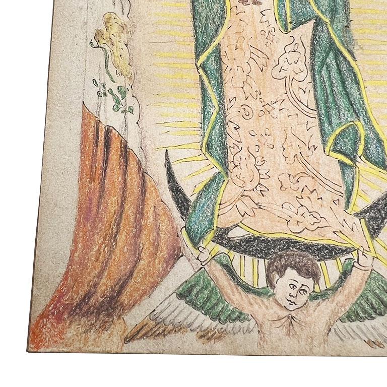 20ième siècle Drawing colonial espagnol coloré à la main Virgin of Guadalupe, signé Mexique en vente