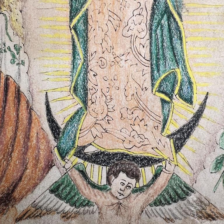 Drawing colonial espagnol coloré à la main Virgin of Guadalupe, signé Mexique en vente 1