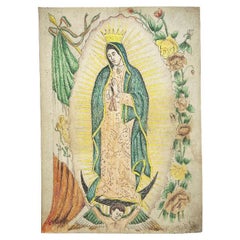 Drawing colonial espagnol coloré à la main Virgin of Guadalupe, signé Mexique