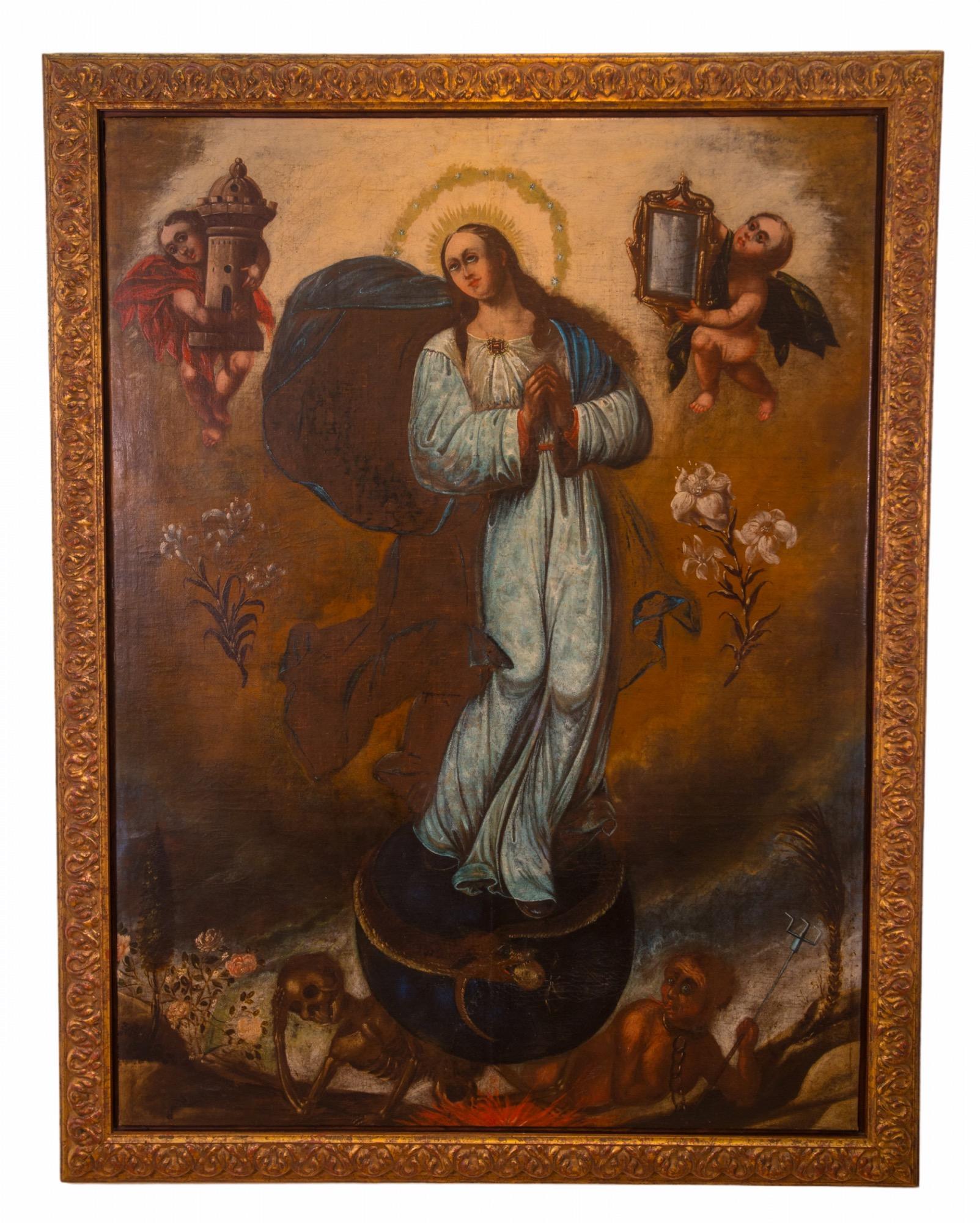 Spanish Colonial Virgin of the Immaculate Conception, 16th Century, Oil on Canvas For Sale