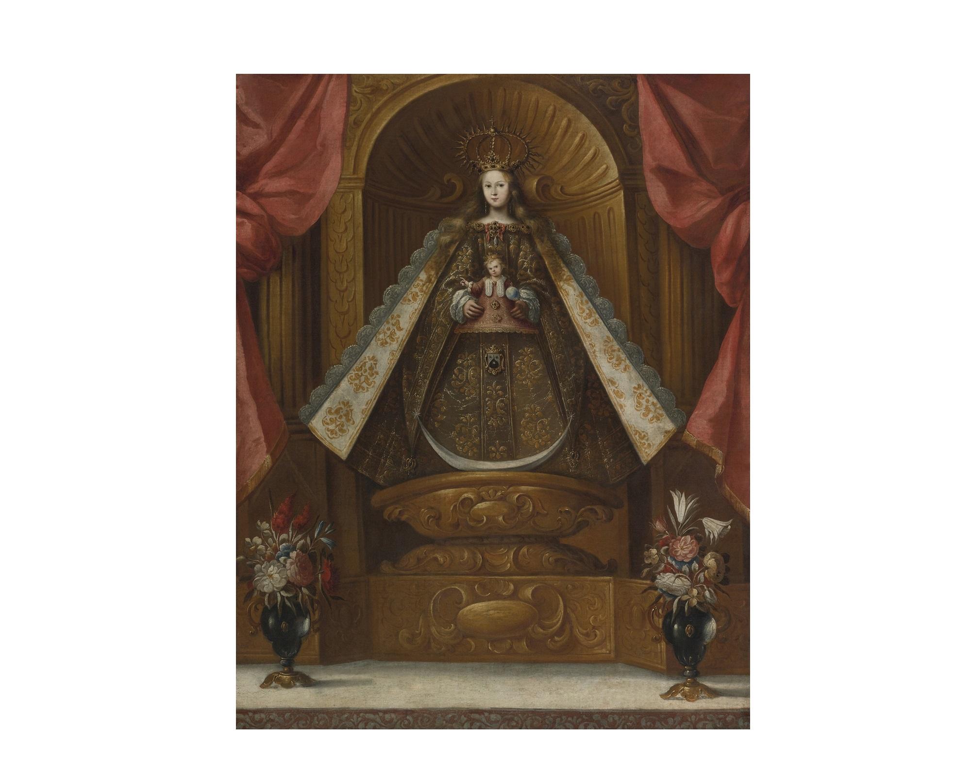 Peruvian Virgin with Child, After Spanish Colonial Oil Painting by Cuzco Artist For Sale