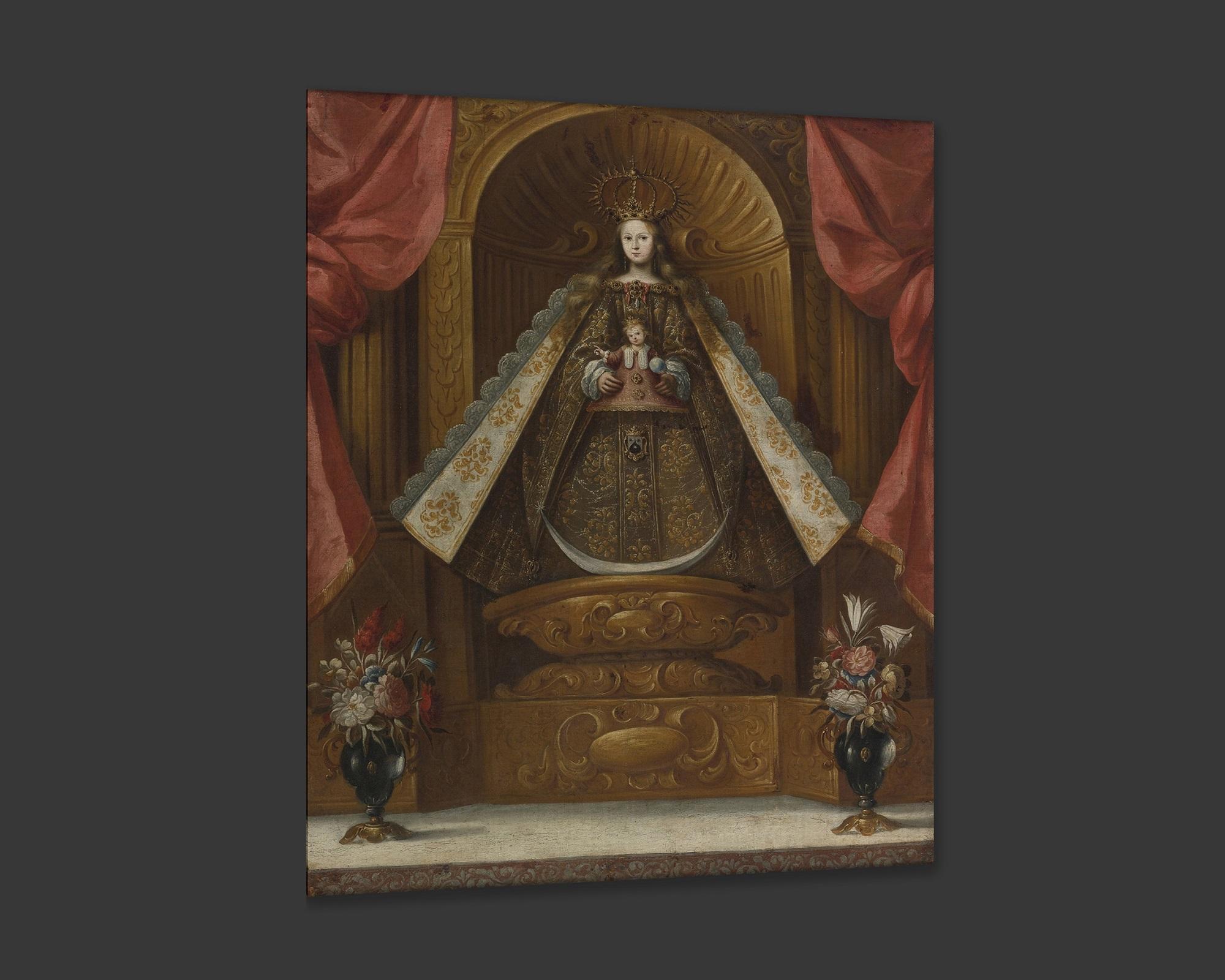 Virgin with Child, After Spanish Colonial Oil Painting by Cuzco Artist In New Condition For Sale In Fairhope, AL