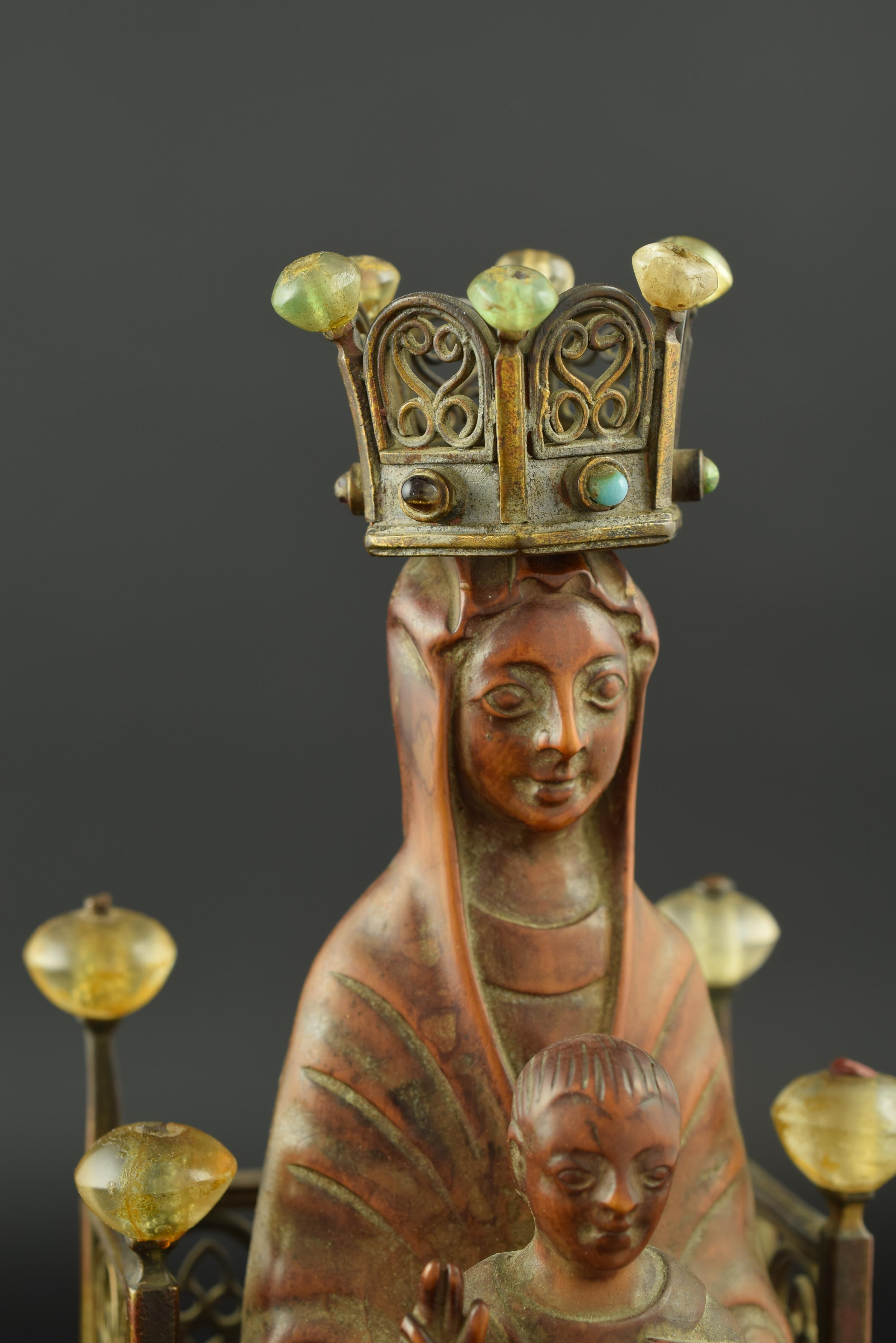 19th Century Virgin with Child Enthroned, Boxwood, Bronze and Carved Rock Crystal, 19th C For Sale