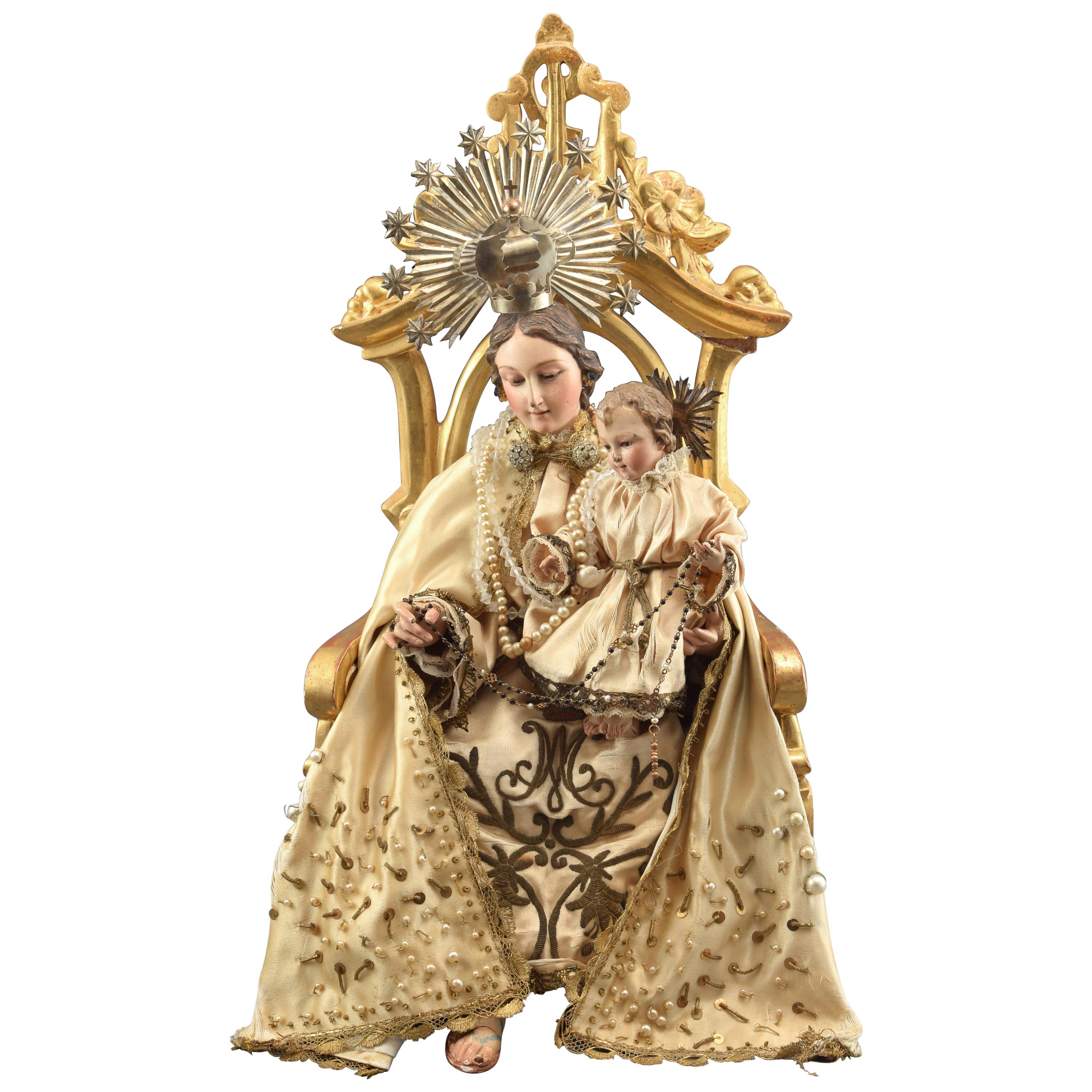 Virgin with Cild on Throne Wood, Metal, Textile, Etc. Spain, 19th Century