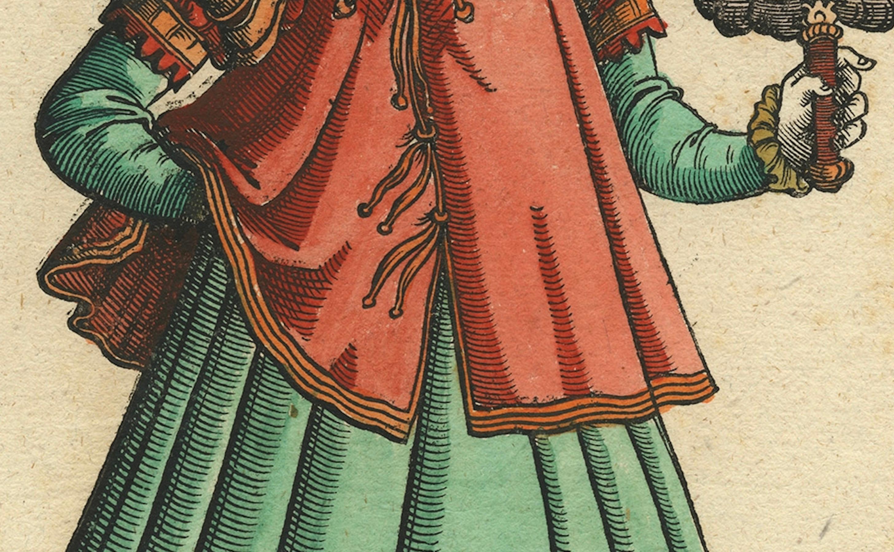 Engraved Virgin Woman from Naples – Antique Hand-Coloured Woodcut by Jost Amman, 1577 For Sale