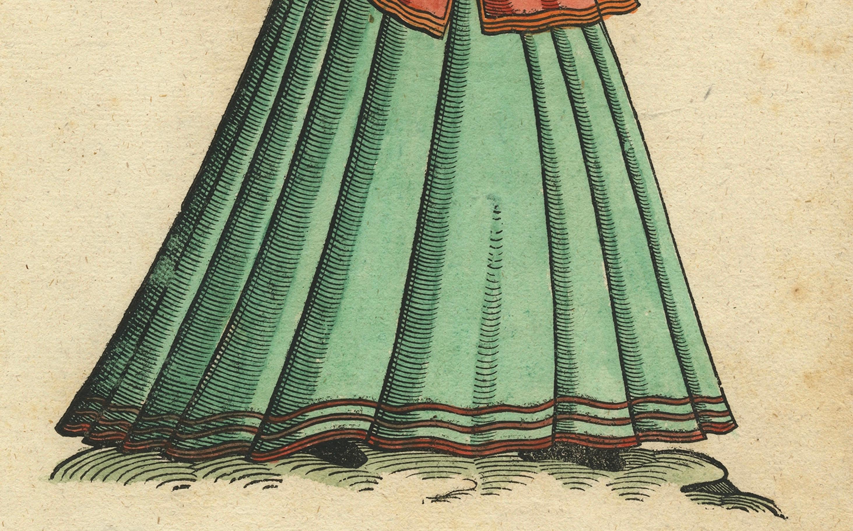 Virgin Woman from Naples – Antique Hand-Coloured Woodcut by Jost Amman, 1577 In Good Condition For Sale In Langweer, NL