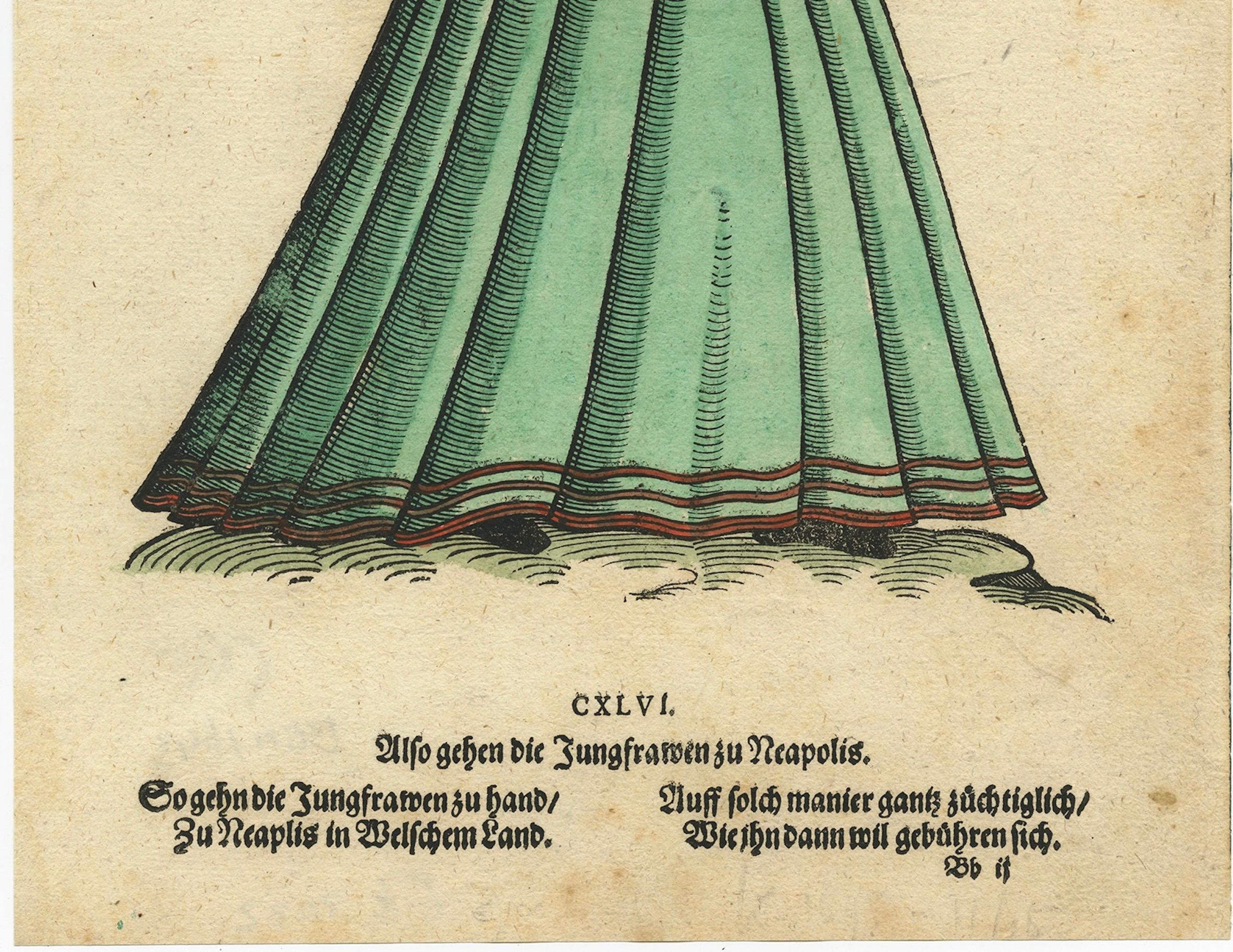 18th Century and Earlier Virgin Woman from Naples – Antique Hand-Coloured Woodcut by Jost Amman, 1577 For Sale