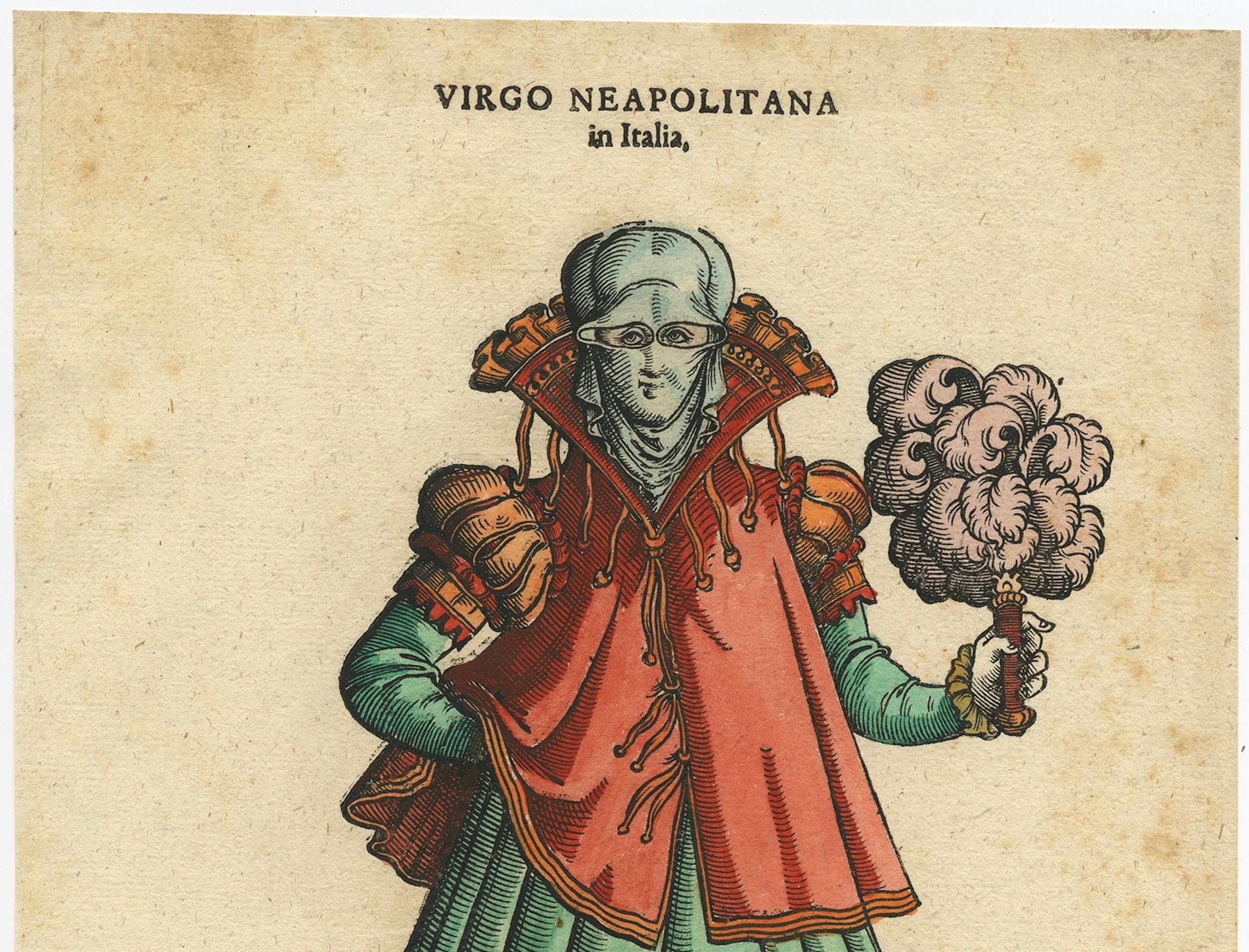 Paper Virgin Woman from Naples – Antique Hand-Coloured Woodcut by Jost Amman, 1577 For Sale