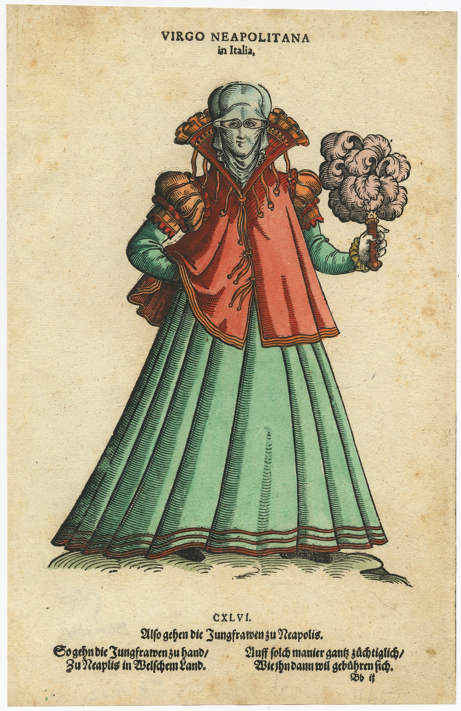Virgin Woman from Naples – Antique Hand-Coloured Woodcut by Jost Amman, 1577 For Sale