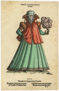 Virgin Woman from Naples – Antique Hand-Coloured Woodcut by Jost Amman, 1577