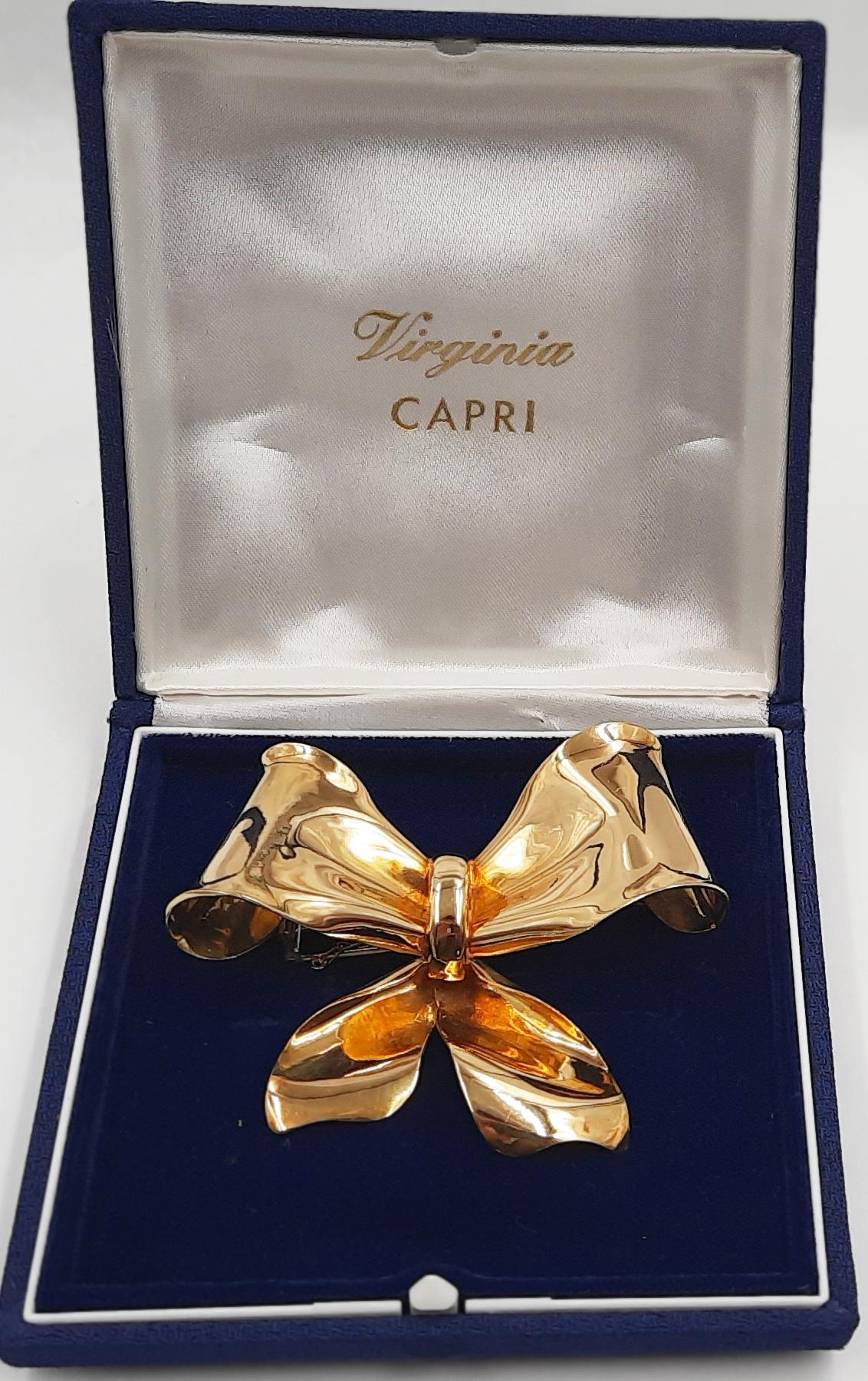 Modern Virginia Capri Vintage Yellow Gold 18 Carats Bow Brooch Original Box