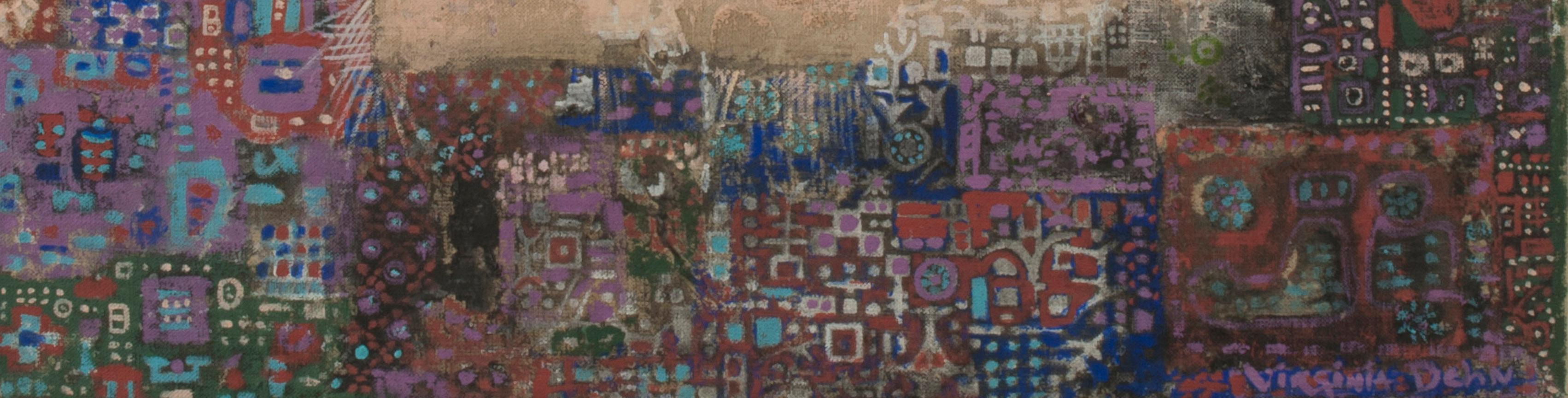 Kandahar
Acrylic and mixed media on fabric, c. 1970
Signed by the artist lower right (see photo)
Kandahar is one of the thirty-four provinces of Afghanistan, located in the southern part of the country next to Pakistan.  Inspired by the Dehns visit