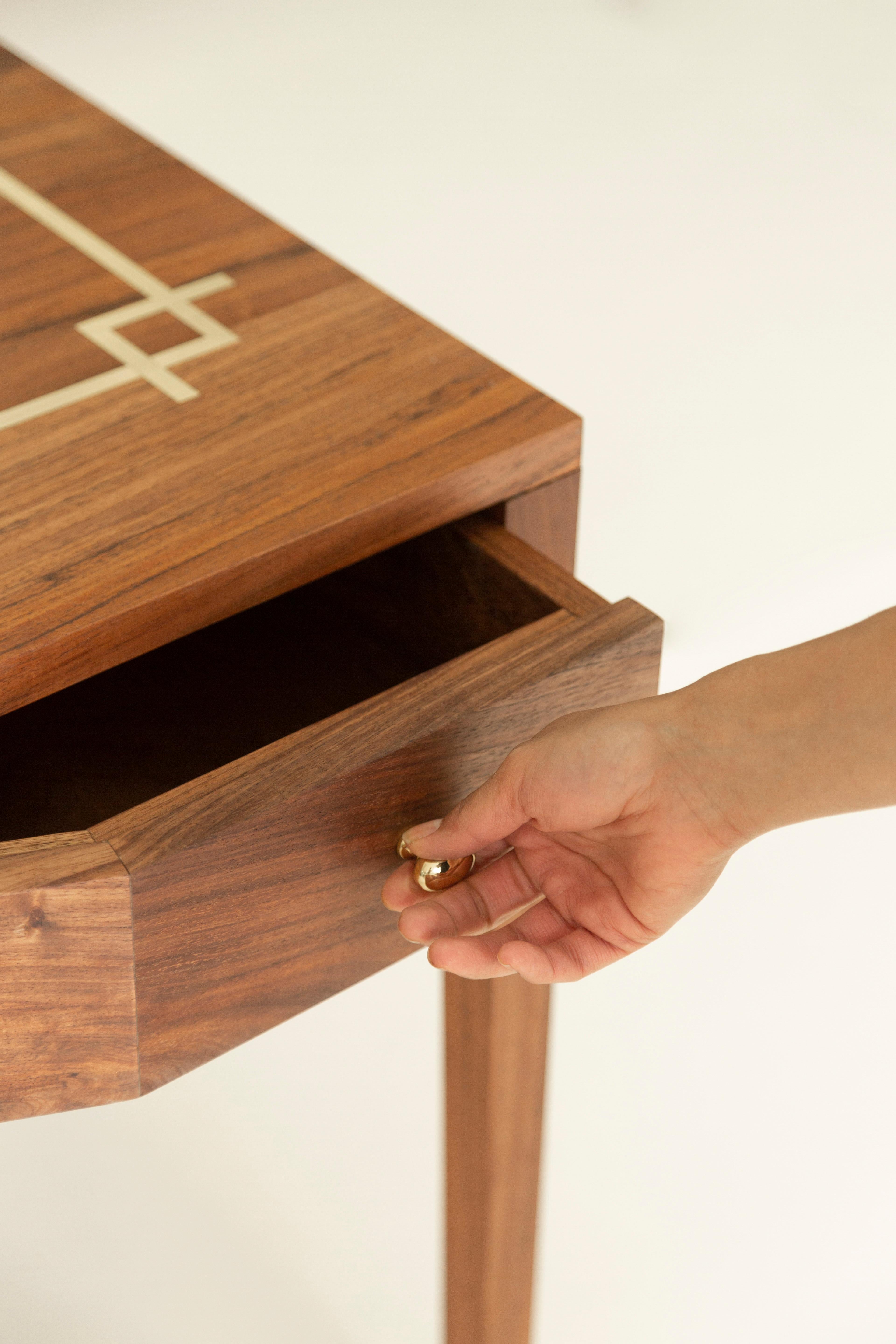 Hand-Crafted Virginia Desk in Tzalam Wood with Brass Inlays by Tana Karei For Sale