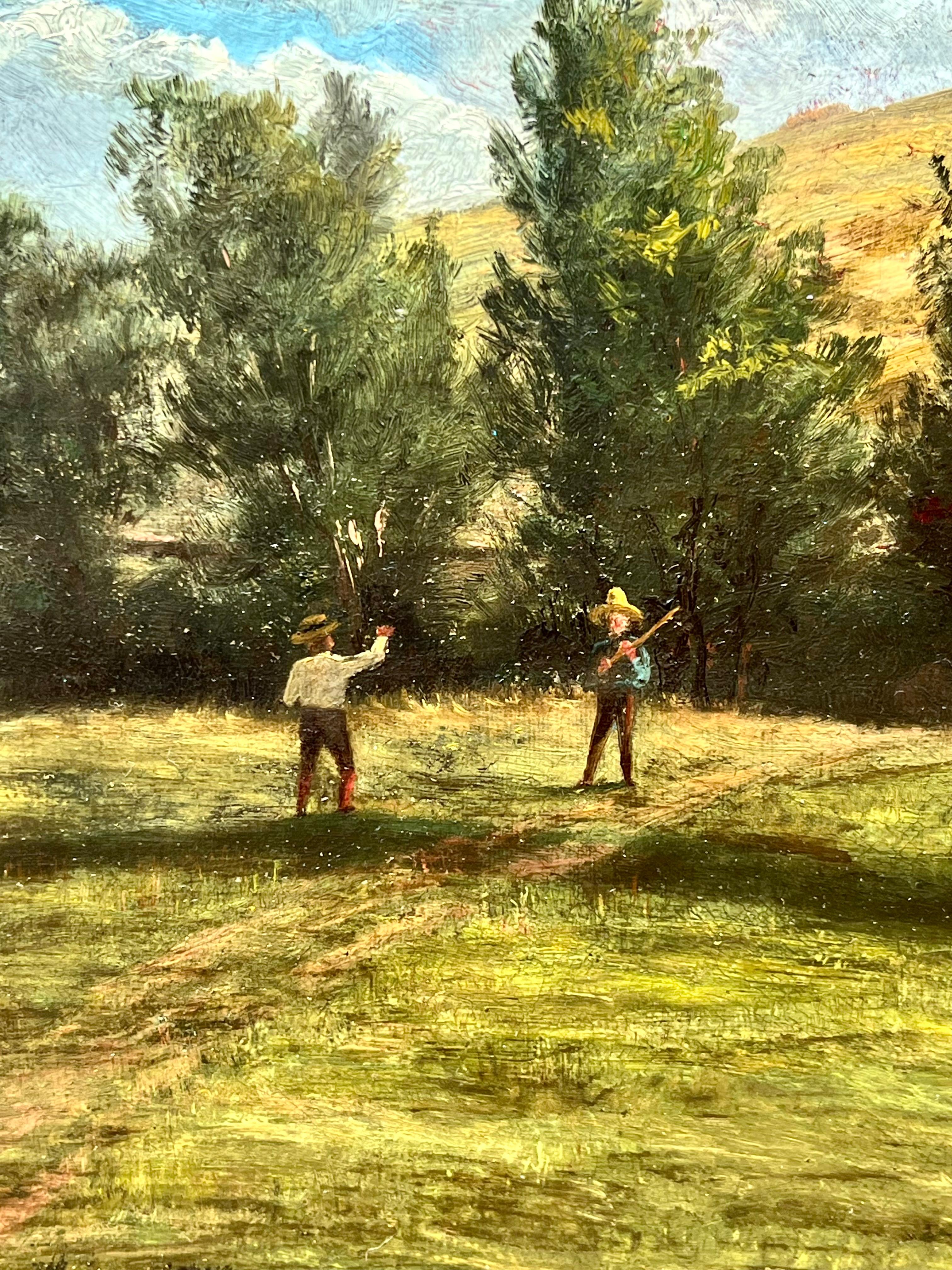 This charming Hudson River School study by Virginia Granbery captures a tender and distinctly American moment: children playing baseball in a sunlit clearing. Painted by one of the few women artists affiliated with the movement, this piece blends