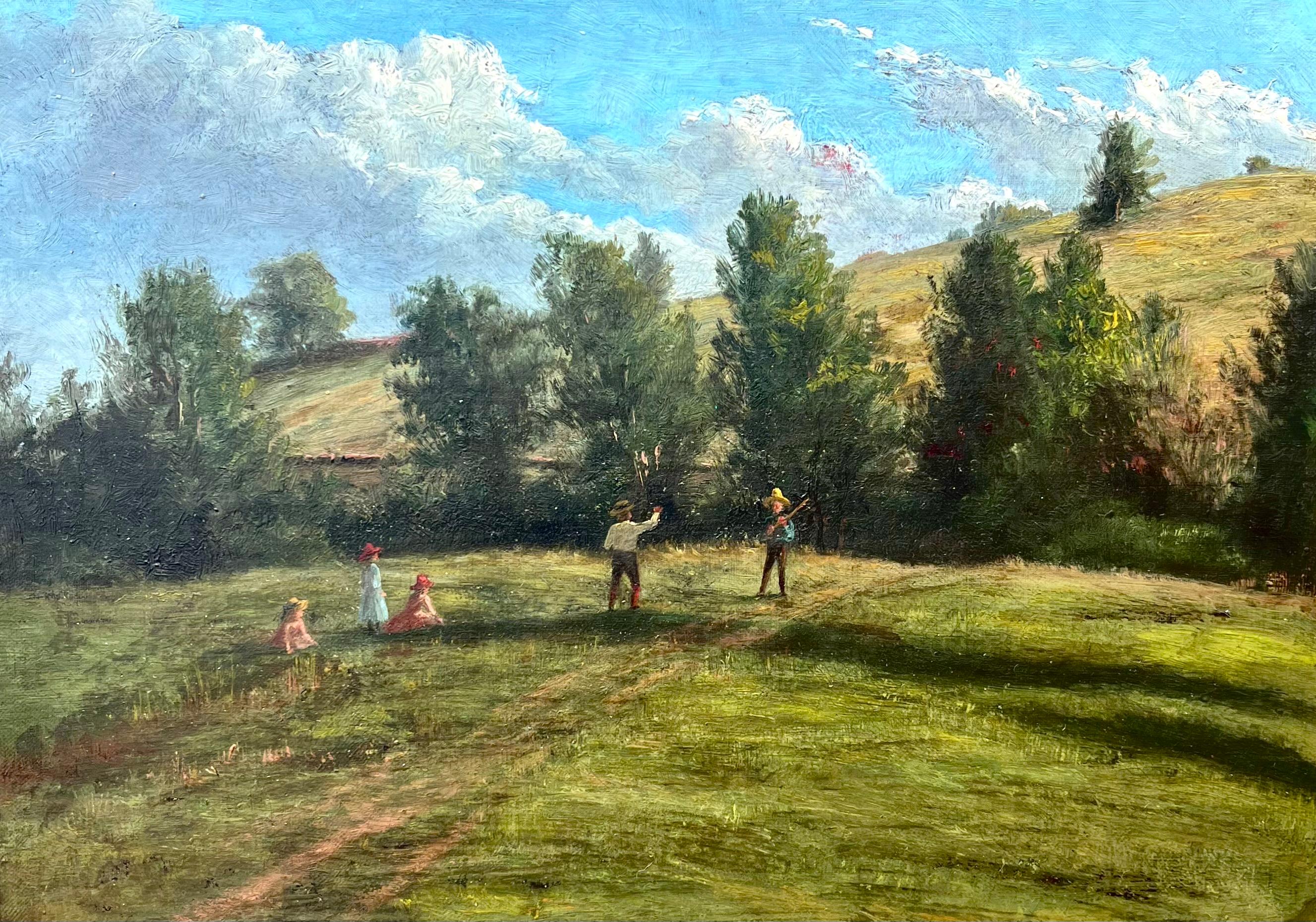 Virginia Granbery Figurative Painting - Landscape of Children Playing Baseball titled "Baseball Beneath the Hills"