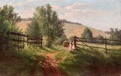 Paesaggio ad olio con due ragazze intitolato "Ragazze che aspettano il padre".